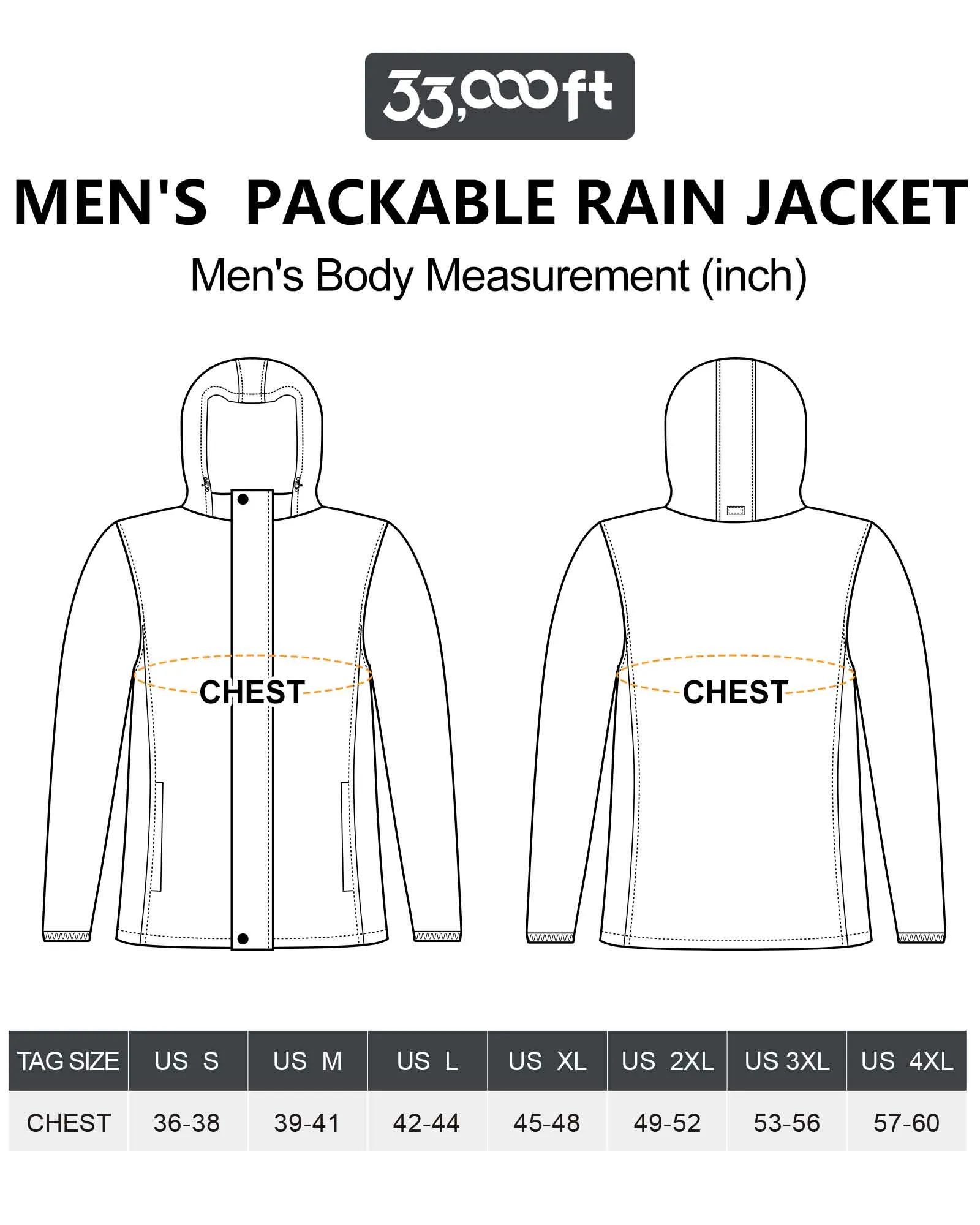 0.70 lbs 5000mm W/P Index 5000 Level Breathable Men's Packable Rain Shell Jacket with 4 Pockets