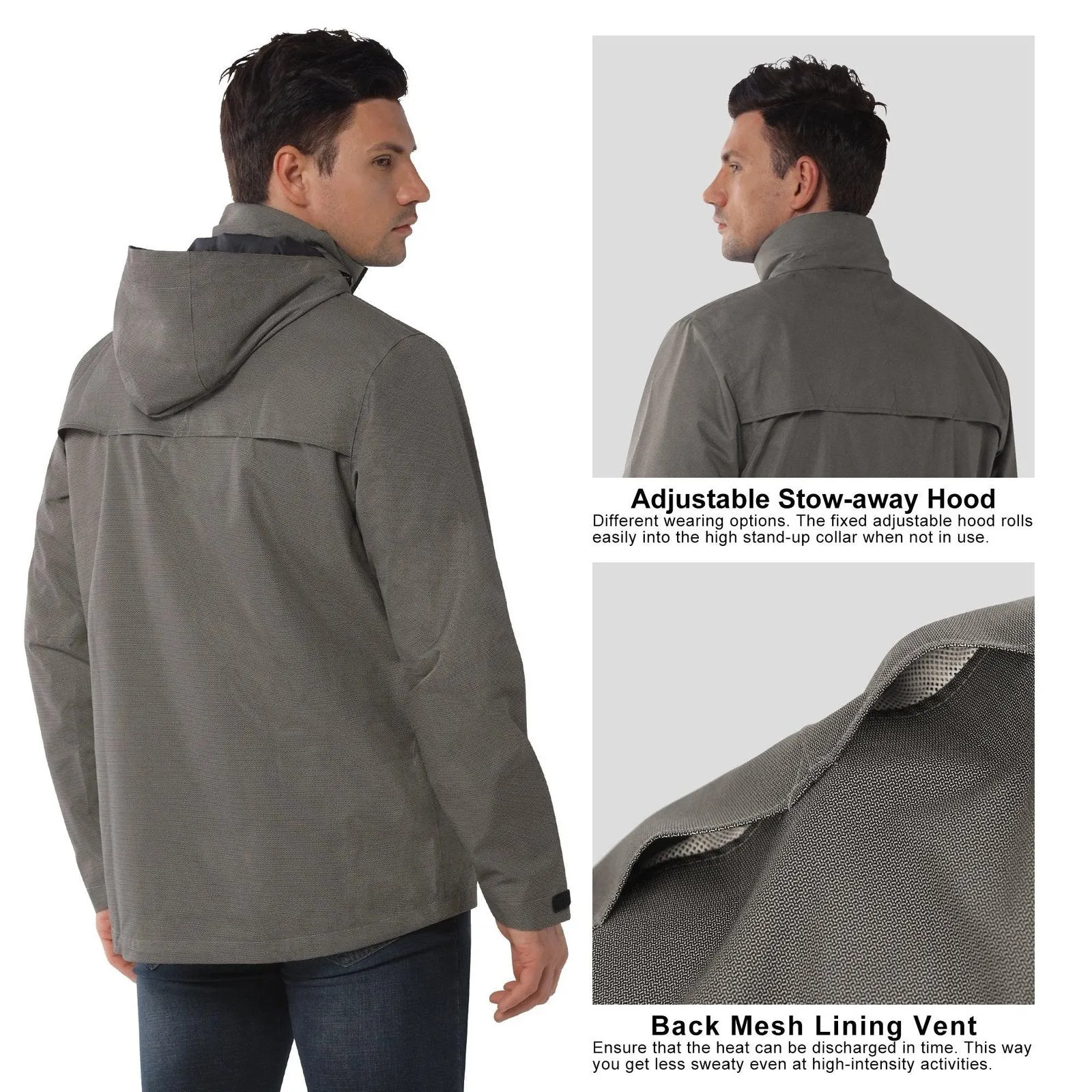 10000mm W/P Index 5000 Level Breathable Men's Stow-away Hood Rain Jacket with 2 Multi Pockets