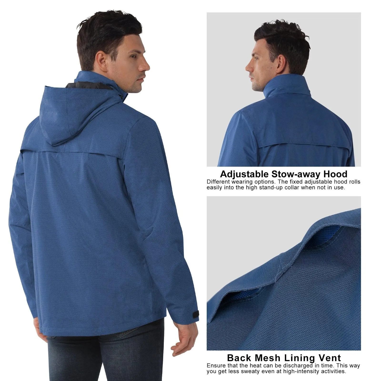 10000mm W/P Index 5000 Level Breathable Men's Stow-away Hood Rain Jacket with 2 Multi Pockets