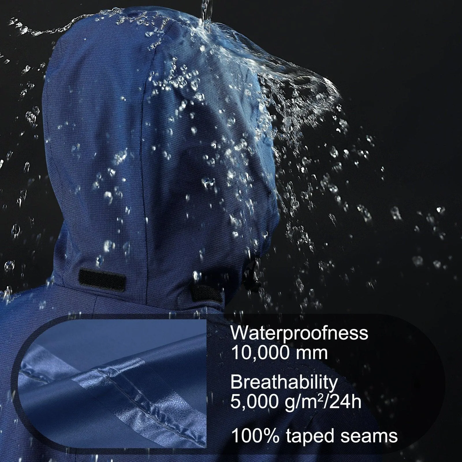 10000mm W/P Index 5000 Level Breathable Men's Stow-away Hood Rain Jacket with 2 Multi Pockets