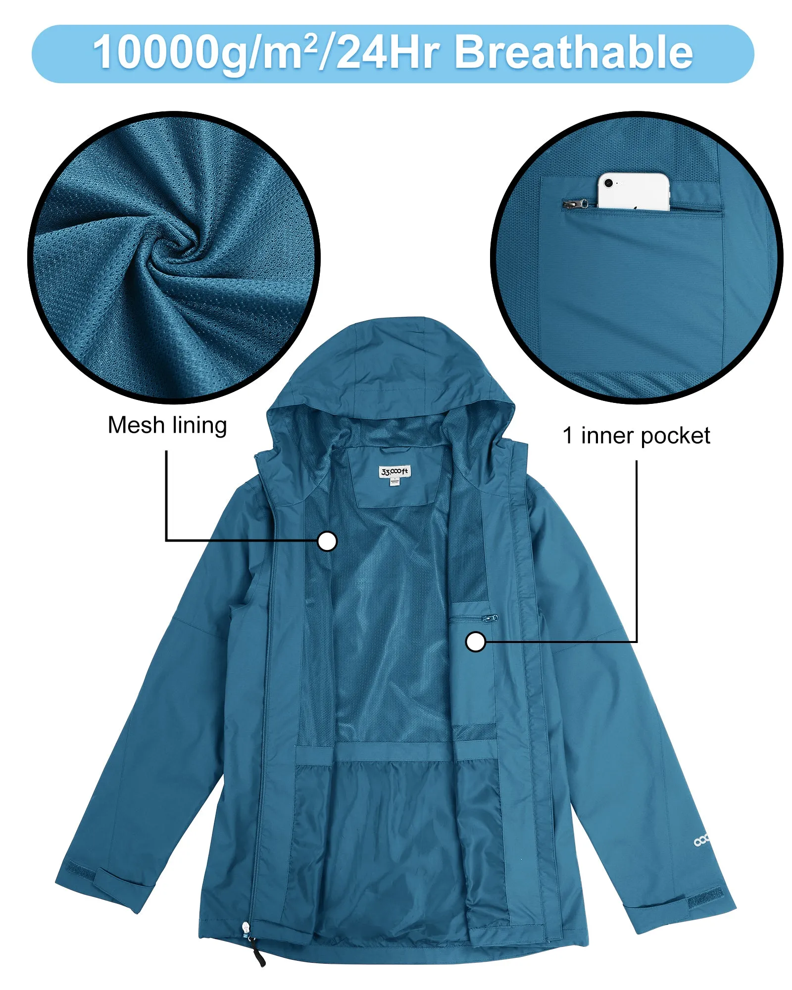 1.39 lbs 10000mm W/P Index 10000 Level Breathable Men's Packable Rain Jacket with 4 Multi Pockets