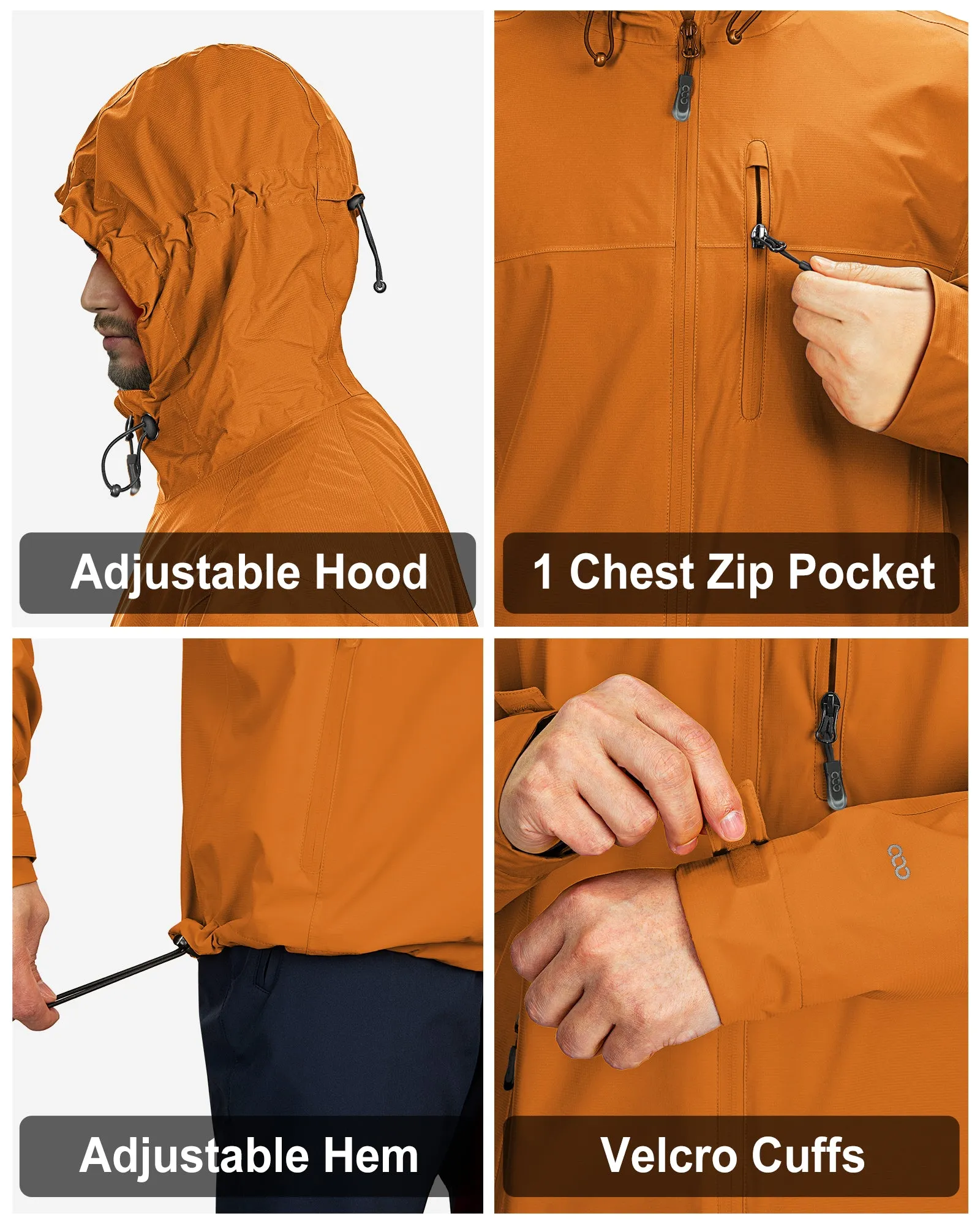 1.39 lbs 10000mm W/P Index 10000 Level Breathable Men's Packable Rain Jacket with 4 Multi Pockets