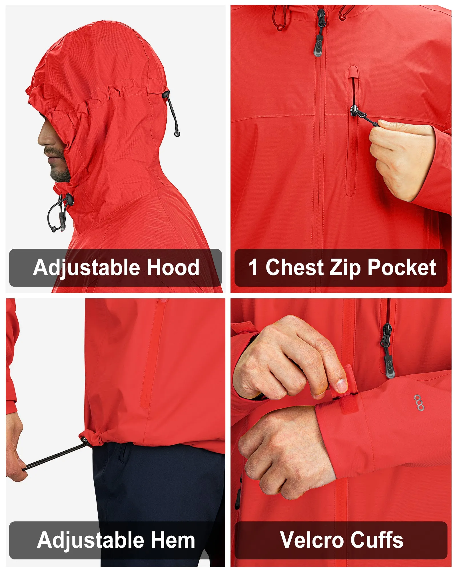 1.39 lbs 10000mm W/P Index 10000 Level Breathable Men's Packable Rain Jacket with 4 Multi Pockets