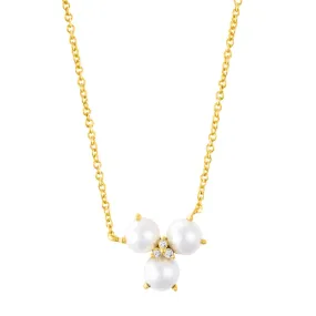 14k Gold Plated Adjustable 3-Point Freshwater Pearl Flower with CZ Necklace