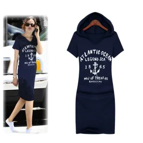 2016 New Fashion Women Dress Casual Hooded Basic Cotton Print Bodycon Summer Dress Loose Knee Length Lady Dresses Plus Size 3XL