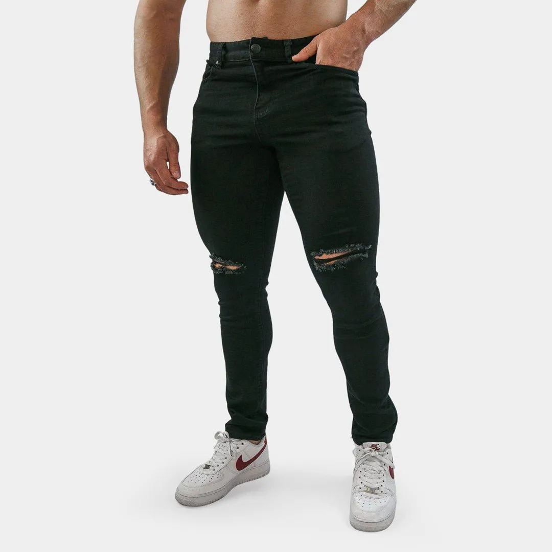 Active Tapered Slim Fit Jeans - Black Knee Rips