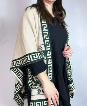 Alpaca Reversible Shawl - Women's Ruana Wrap - Green and Ivory, Peru