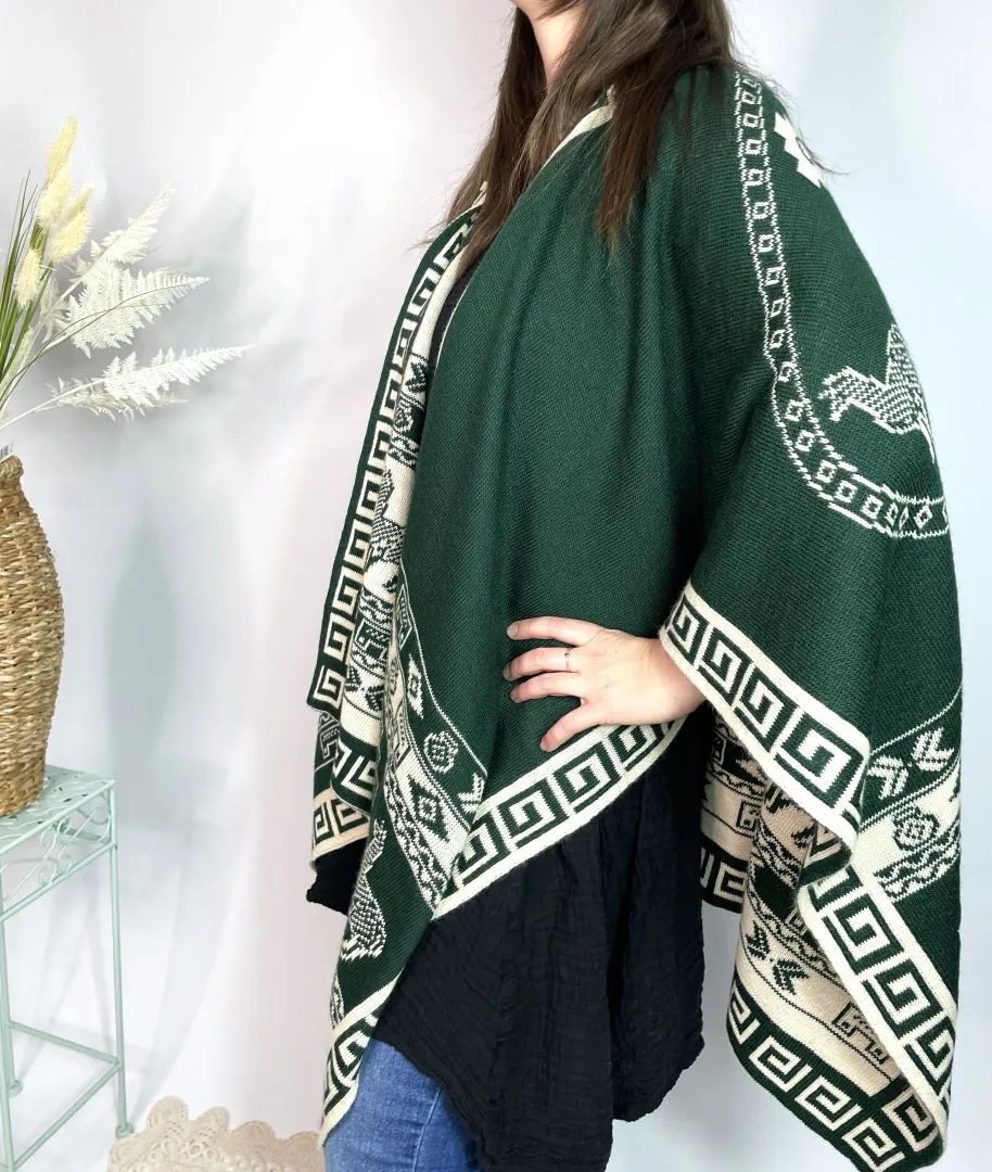 Alpaca Reversible Shawl - Women's Ruana Wrap - Green and Ivory, Peru