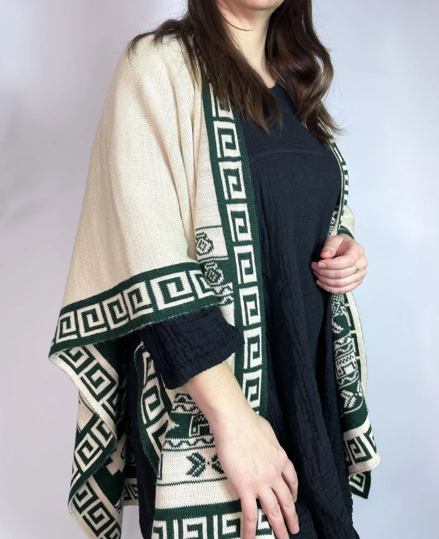 Alpaca Reversible Shawl - Women's Ruana Wrap - Green and Ivory, Peru