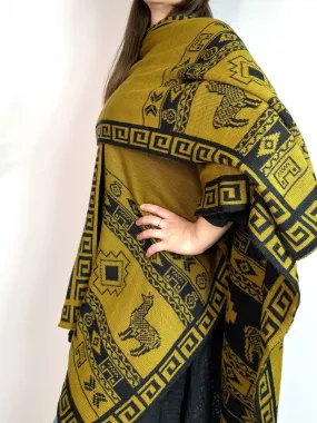 Alpaca Reversible Shawl - Women's Ruana Wrap - Mustard and Black, Peru