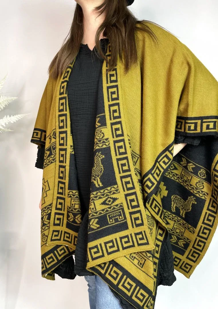 Alpaca Reversible Shawl - Women's Ruana Wrap - Mustard and Black, Peru