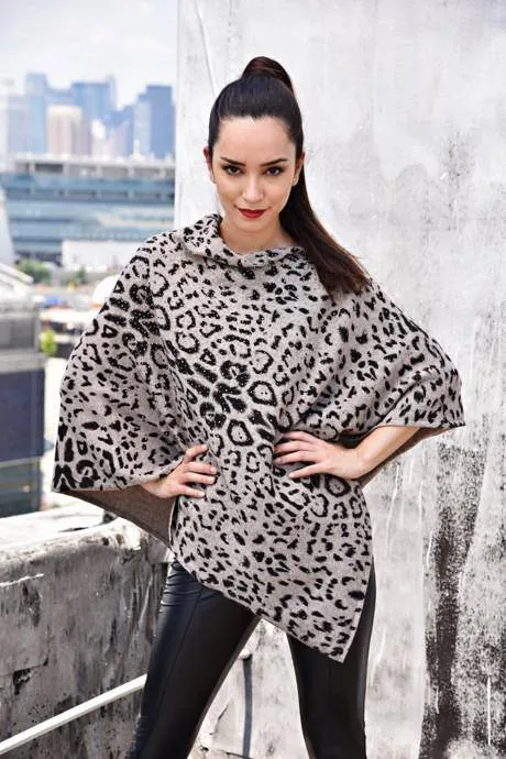 Animal Print Poncho with Embellishments and Fur Trim- Leopard