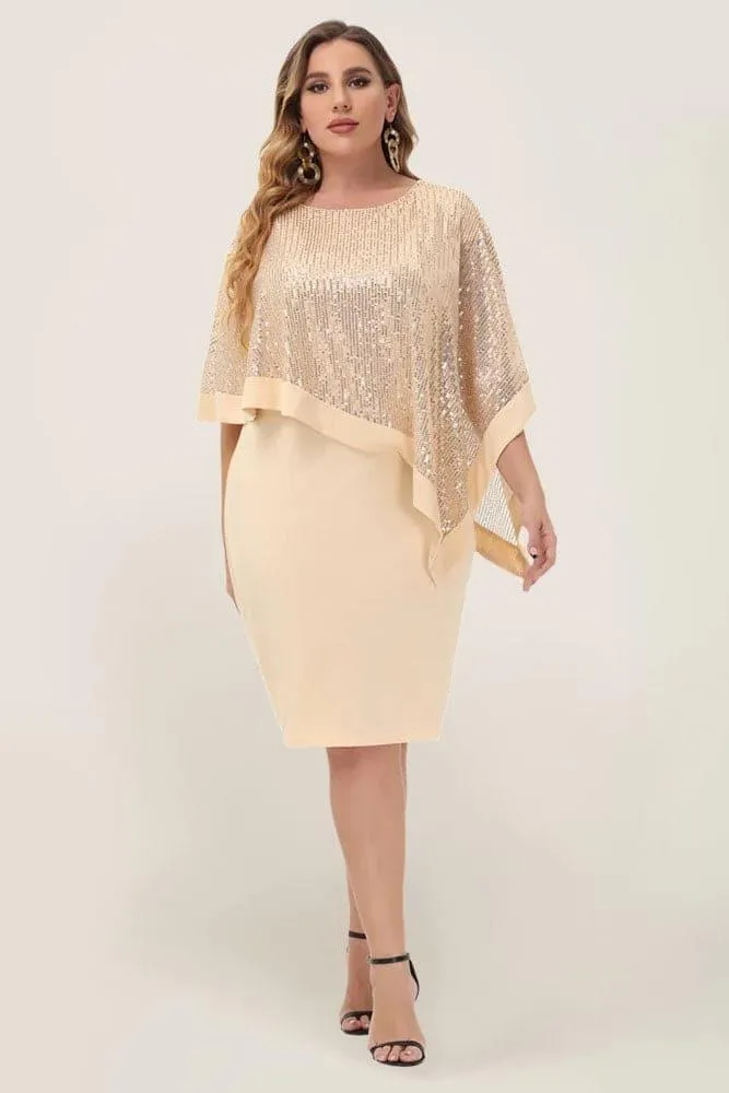 Apricot Sequined Capelet Decorated Scoop Neck Bodycon Dress