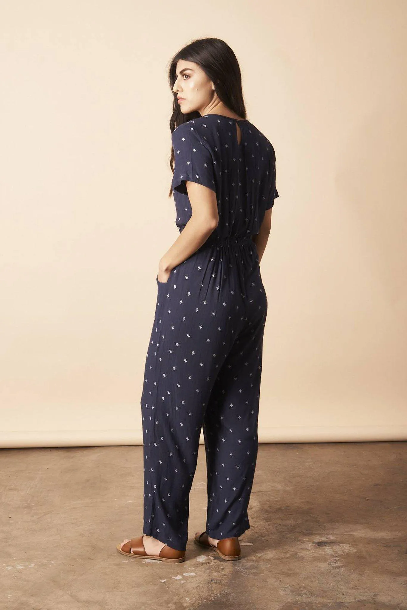 Baby Cacti Cropped Jumpsuit in Navy   Cream