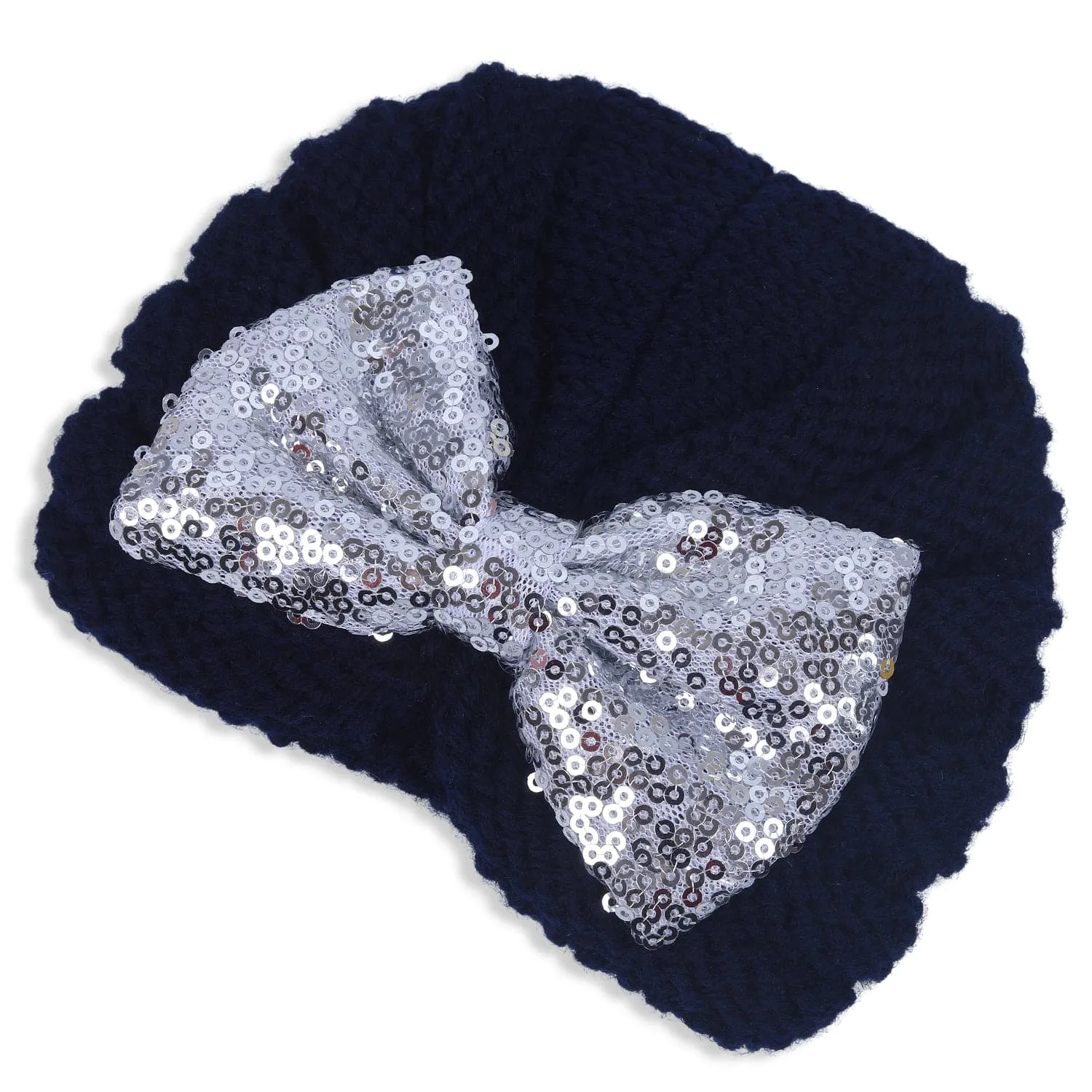 Baby Moo Partywear Bow Knitted Turban Woolen Cap - Navy Blue