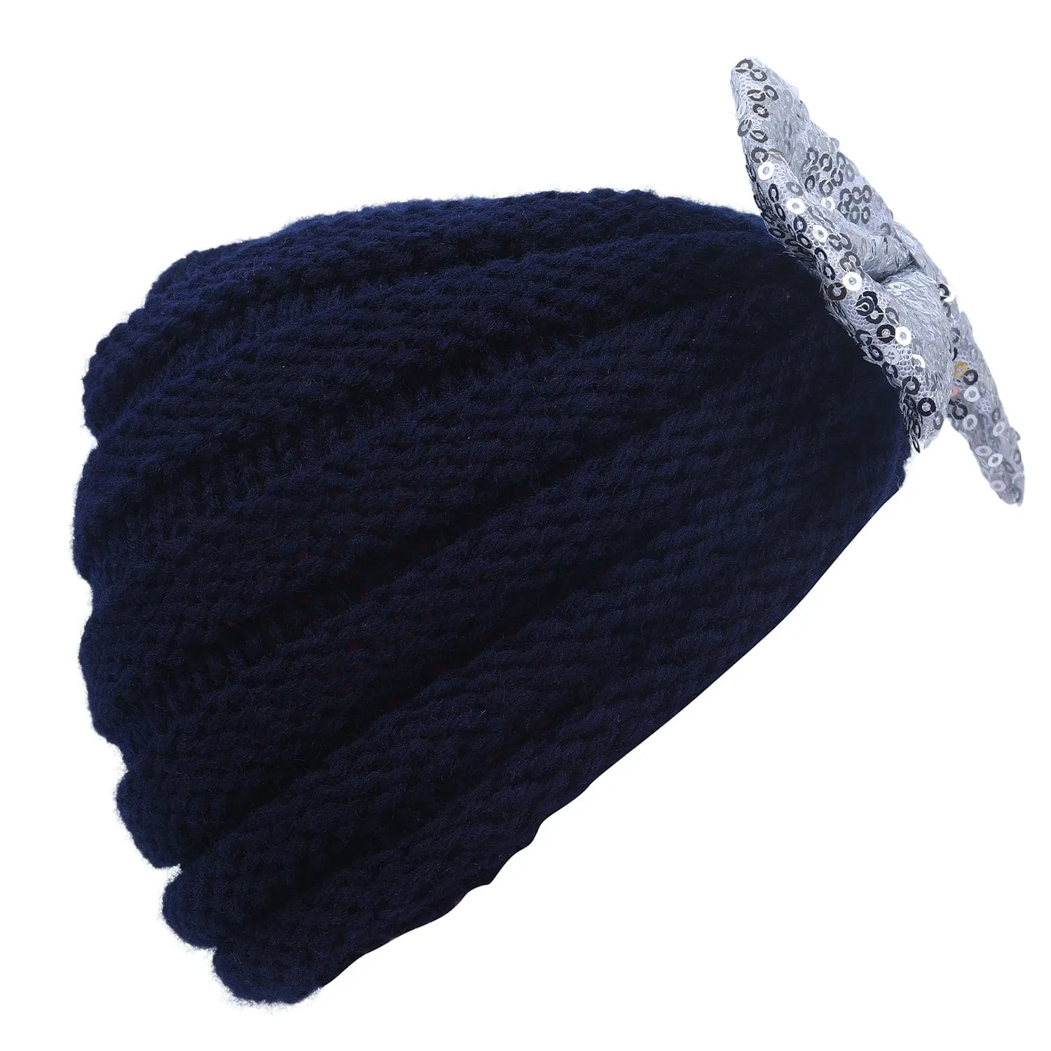 Baby Moo Partywear Bow Knitted Turban Woolen Cap - Navy Blue