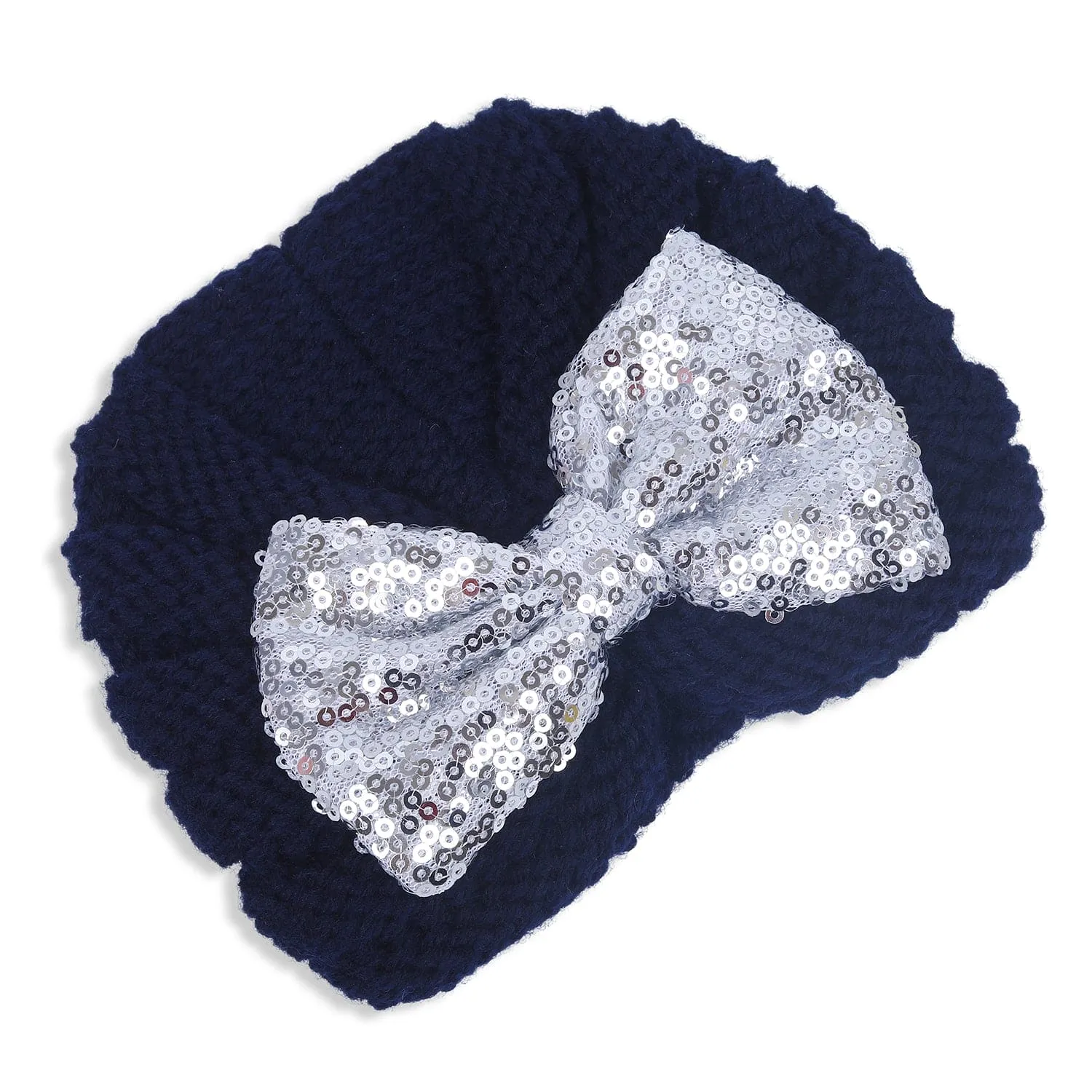 Baby Moo Partywear Bow Knitted Turban Woolen Cap - Navy Blue