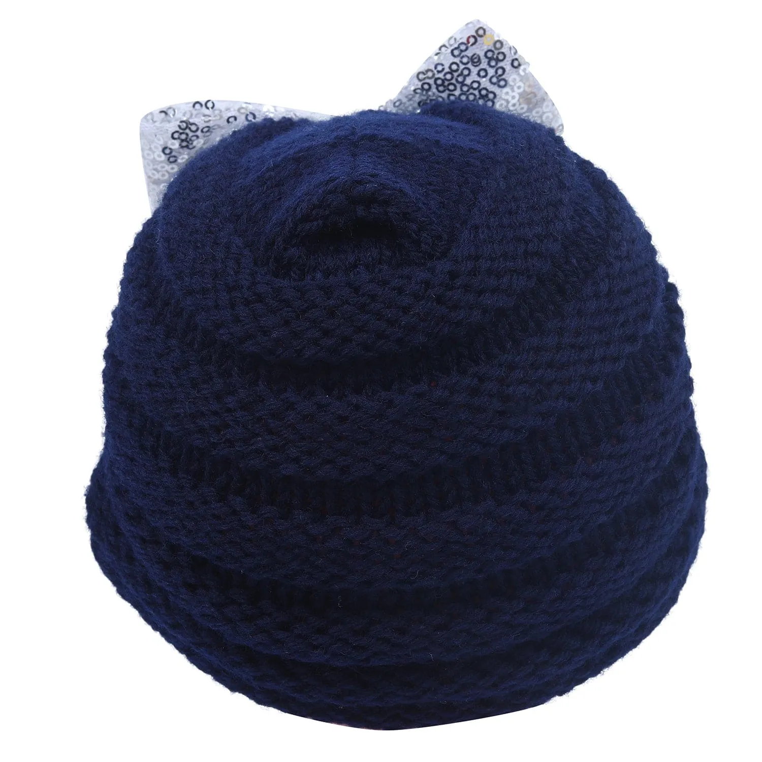 Baby Moo Partywear Bow Knitted Turban Woolen Cap - Navy Blue