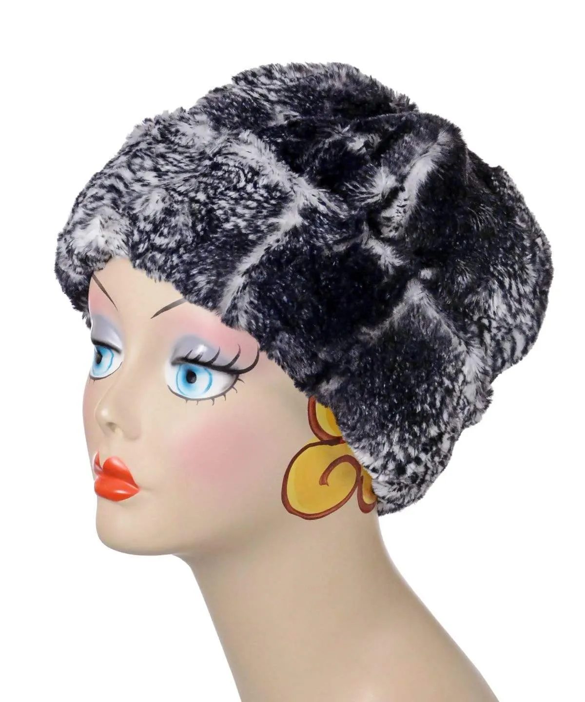 Beanie Hat, Reversible - Luxury Faux Fur in Black Mamba