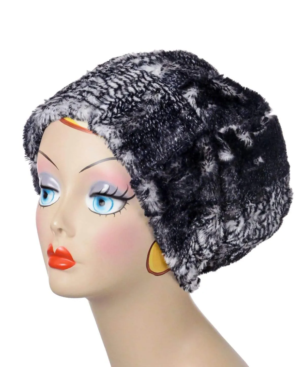 Beanie Hat, Reversible - Luxury Faux Fur in Black Mamba