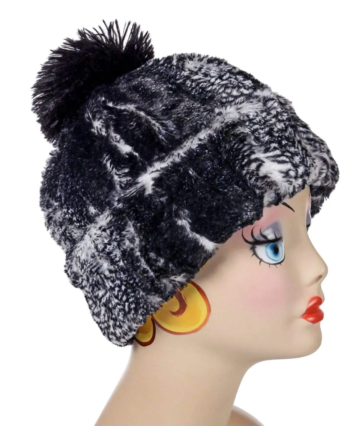 Beanie Hat, Reversible - Luxury Faux Fur in Black Mamba