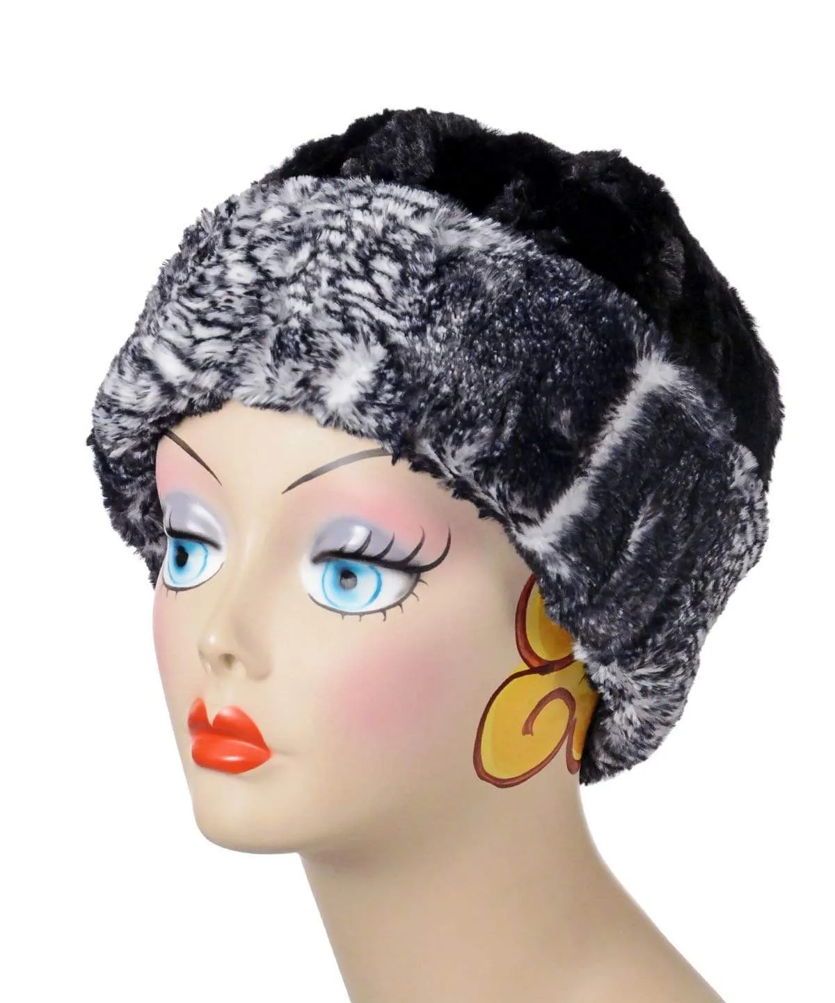 Beanie Hat, Reversible - Luxury Faux Fur in Black Mamba