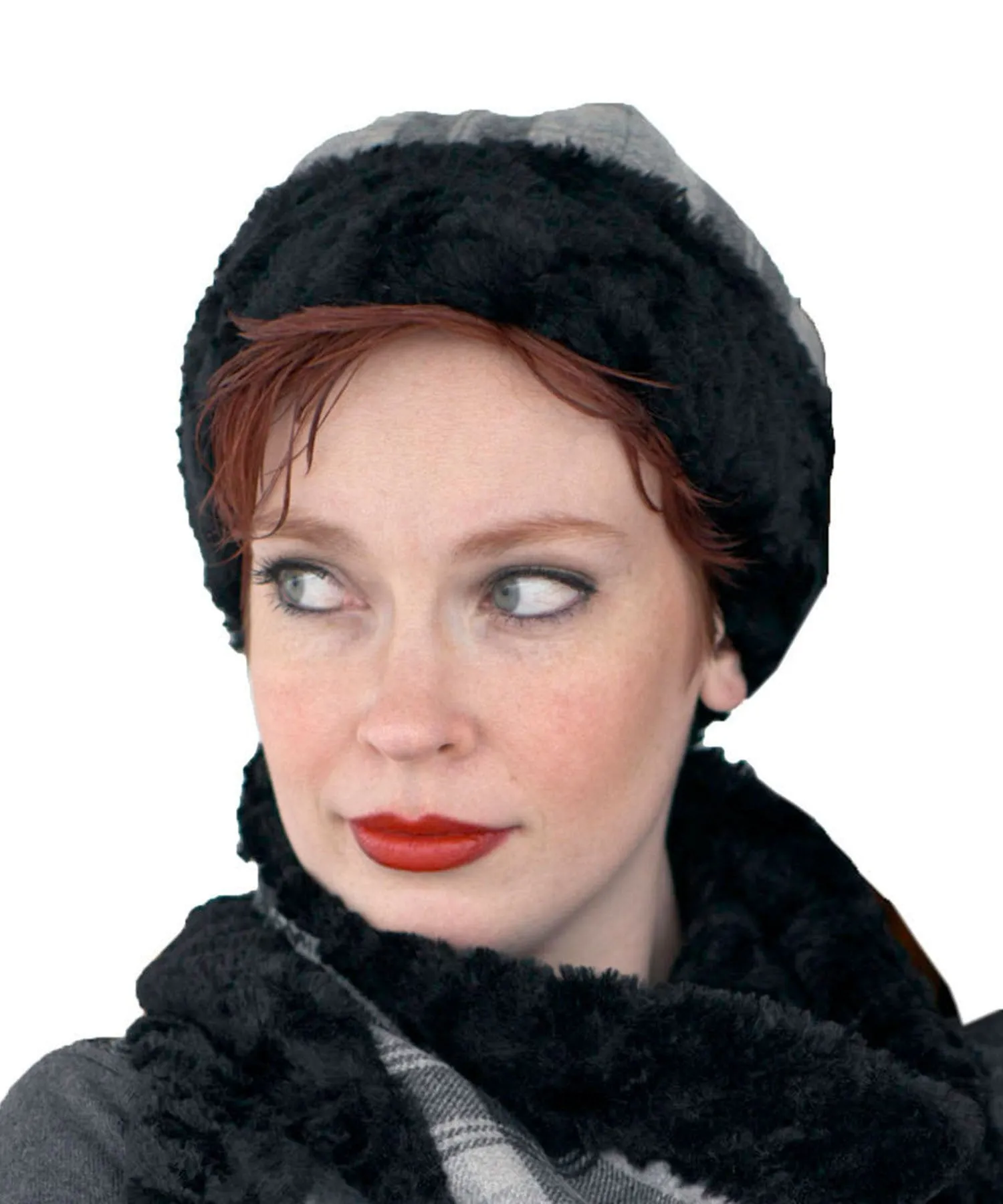 Beanie Hat, Structured - Wool Plaid in Twilight with Cuddly Black Faux Fur (Only Two Left!)