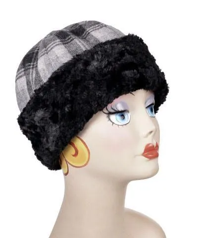 Beanie Hat, Structured - Wool Plaid in Twilight with Cuddly Black Faux Fur (Only Two Left!)