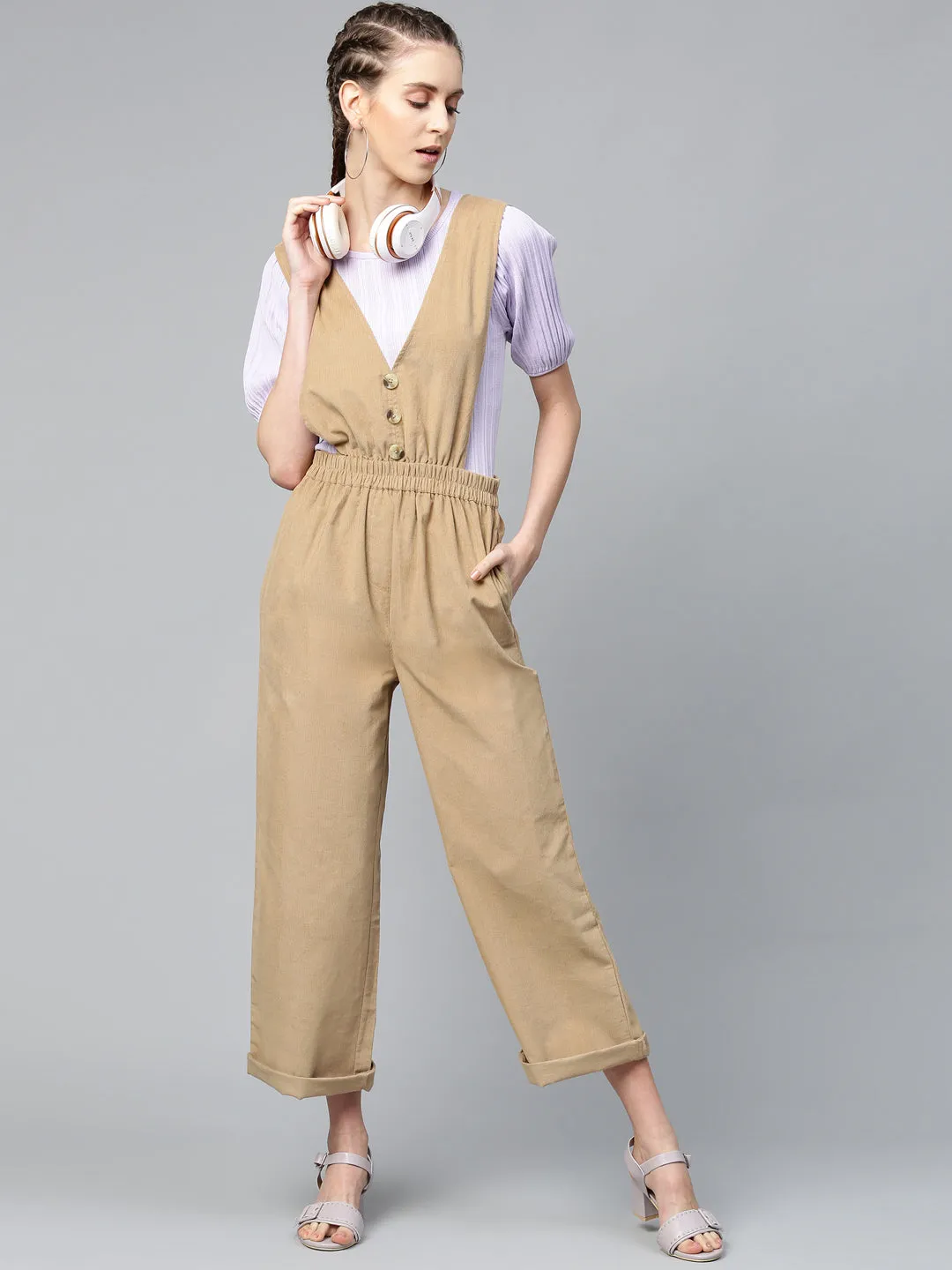 Beige Corduroy Buttoned Dungaree