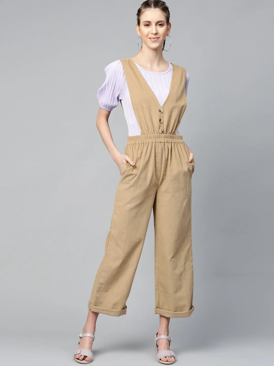 Beige Corduroy Buttoned Dungaree