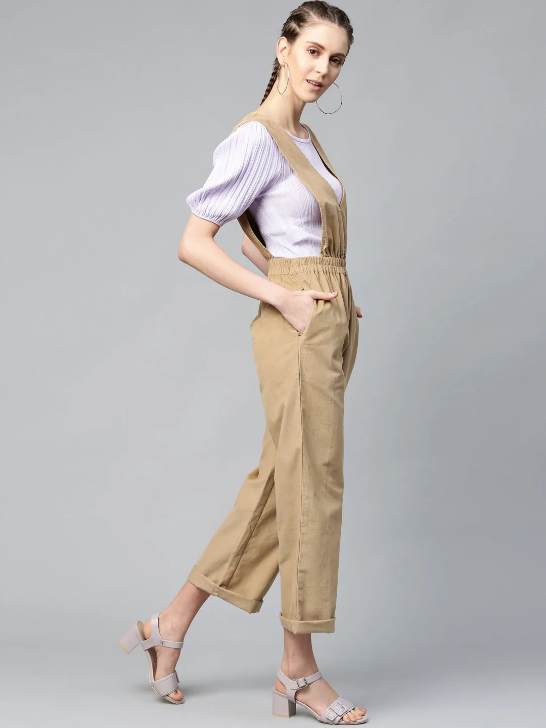 Beige Corduroy Buttoned Dungaree