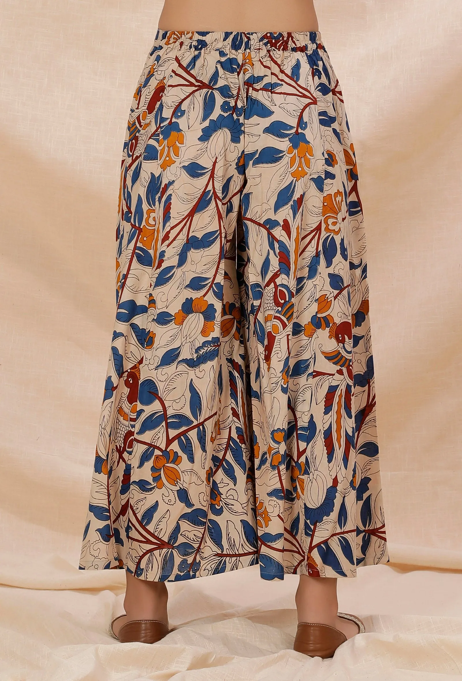 Beige Kalamkari Contrast Print Flared Cotton Pants