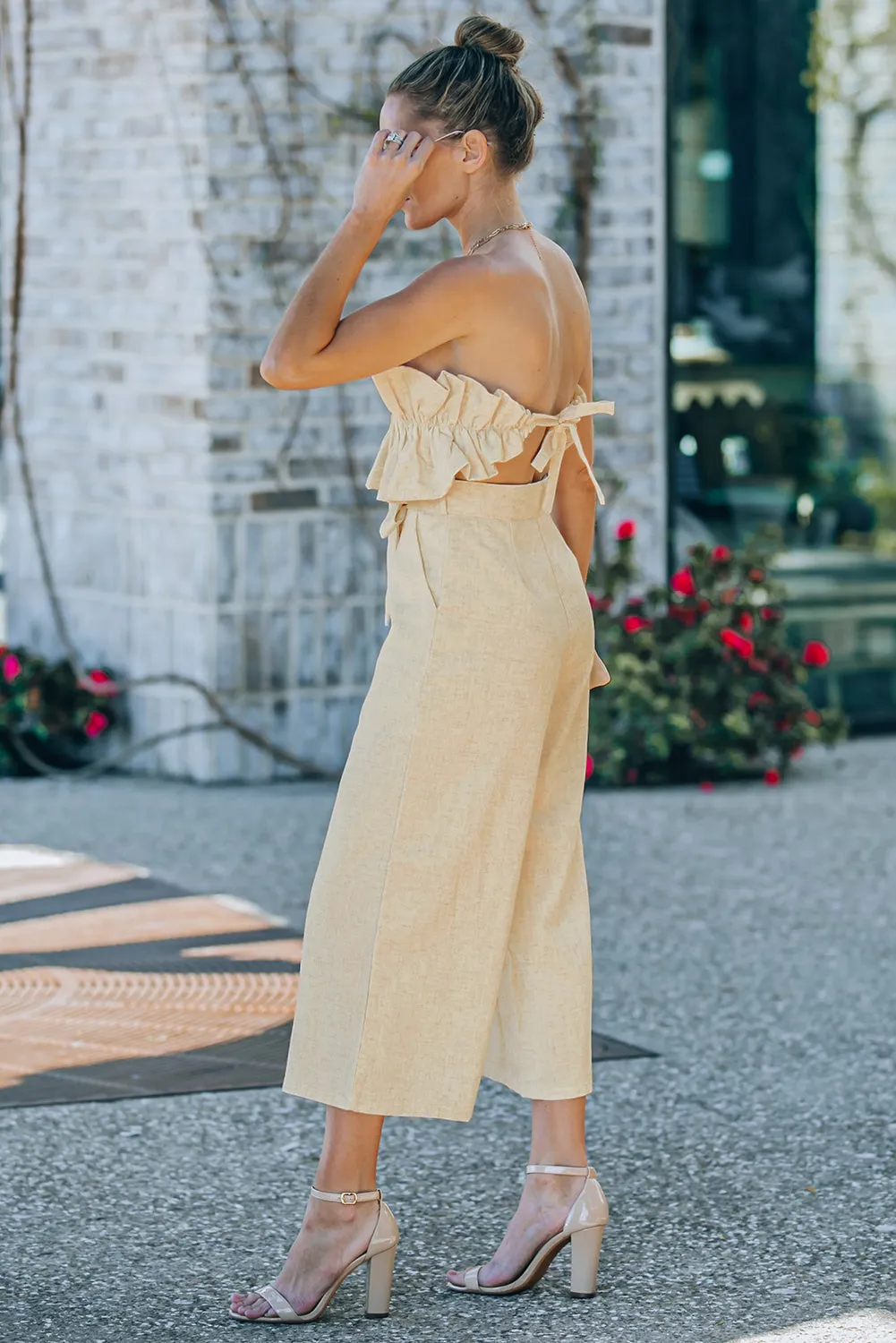 Beige Ruffled Strapless Wide Leg Jumpsuit, Resort Jumpsuit