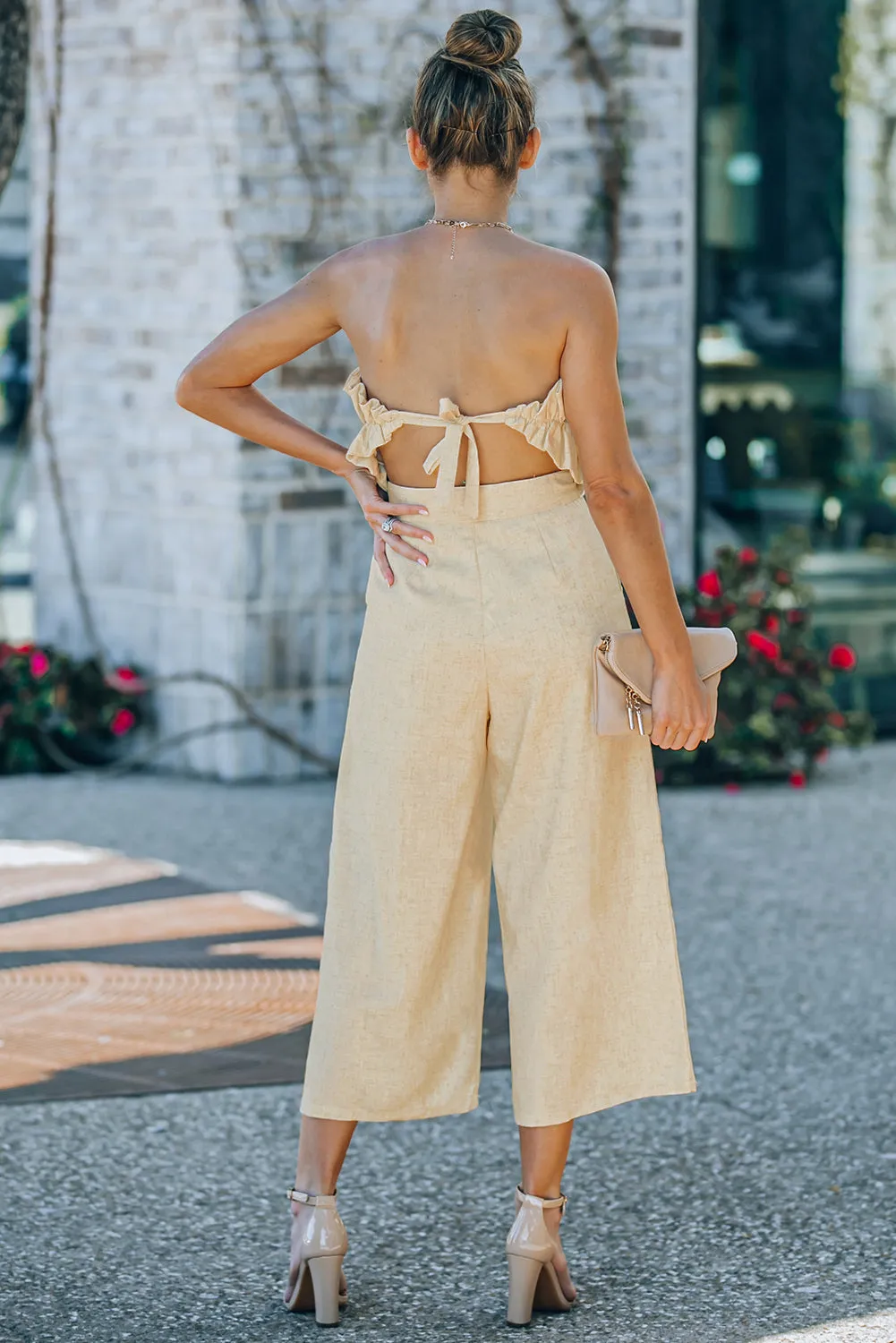 Beige Ruffled Strapless Wide Leg Jumpsuit, Resort Jumpsuit