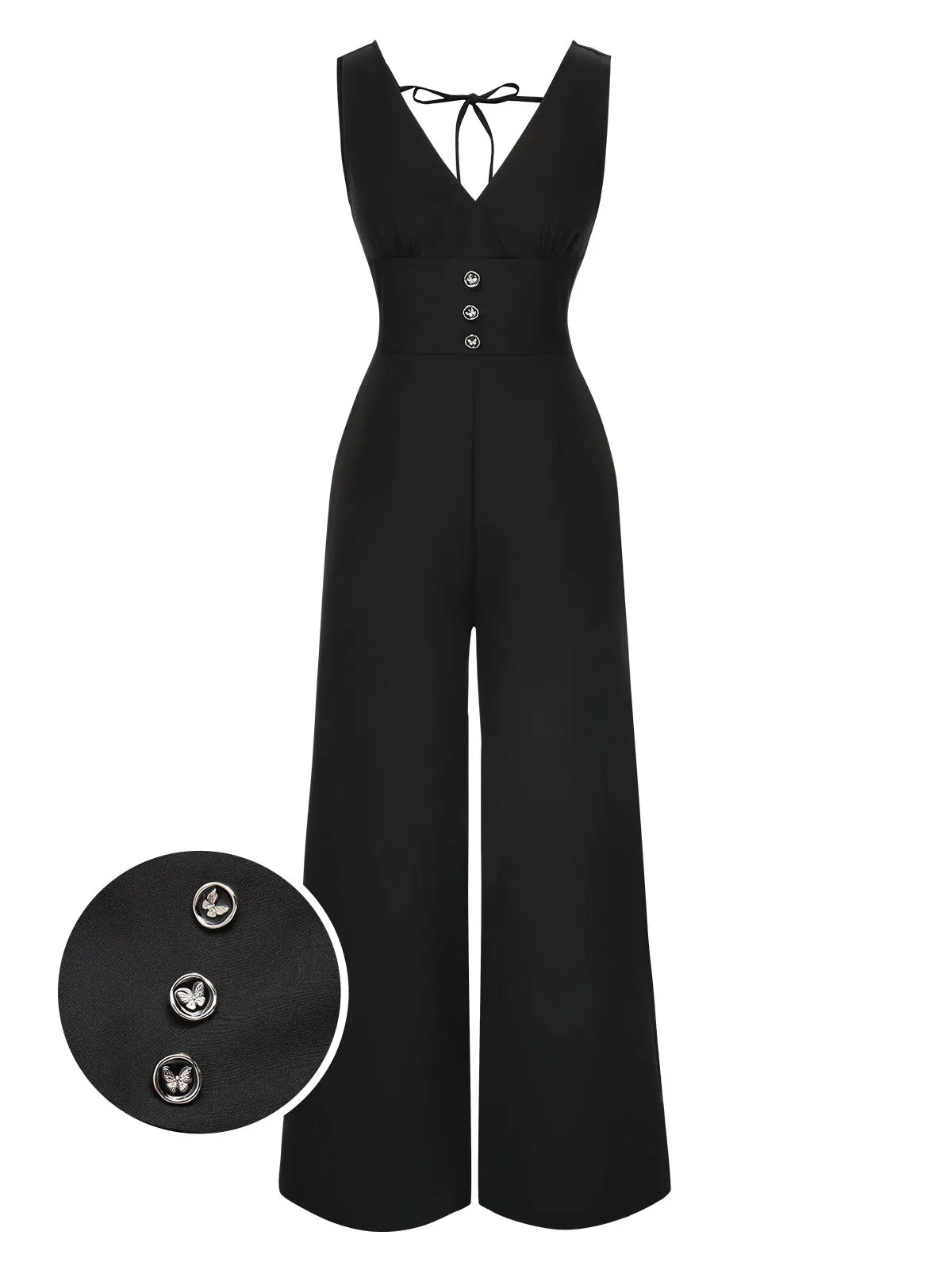 Black 1930s Solid V-Neck Butterfly Button Jumpsuit