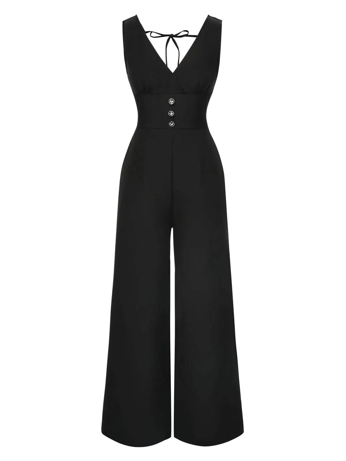 Black 1930s Solid V-Neck Butterfly Button Jumpsuit