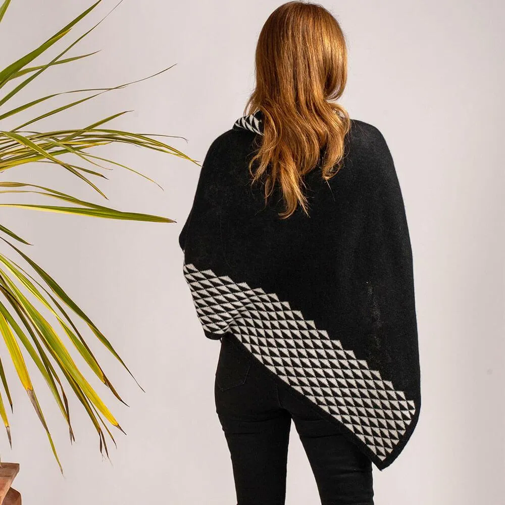 Black and Ivory Double Layer Cashmere Poncho