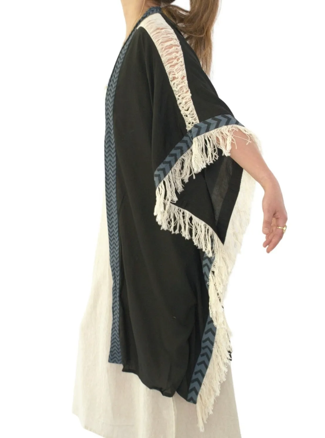 Black Closed-Back Fringe Poncho