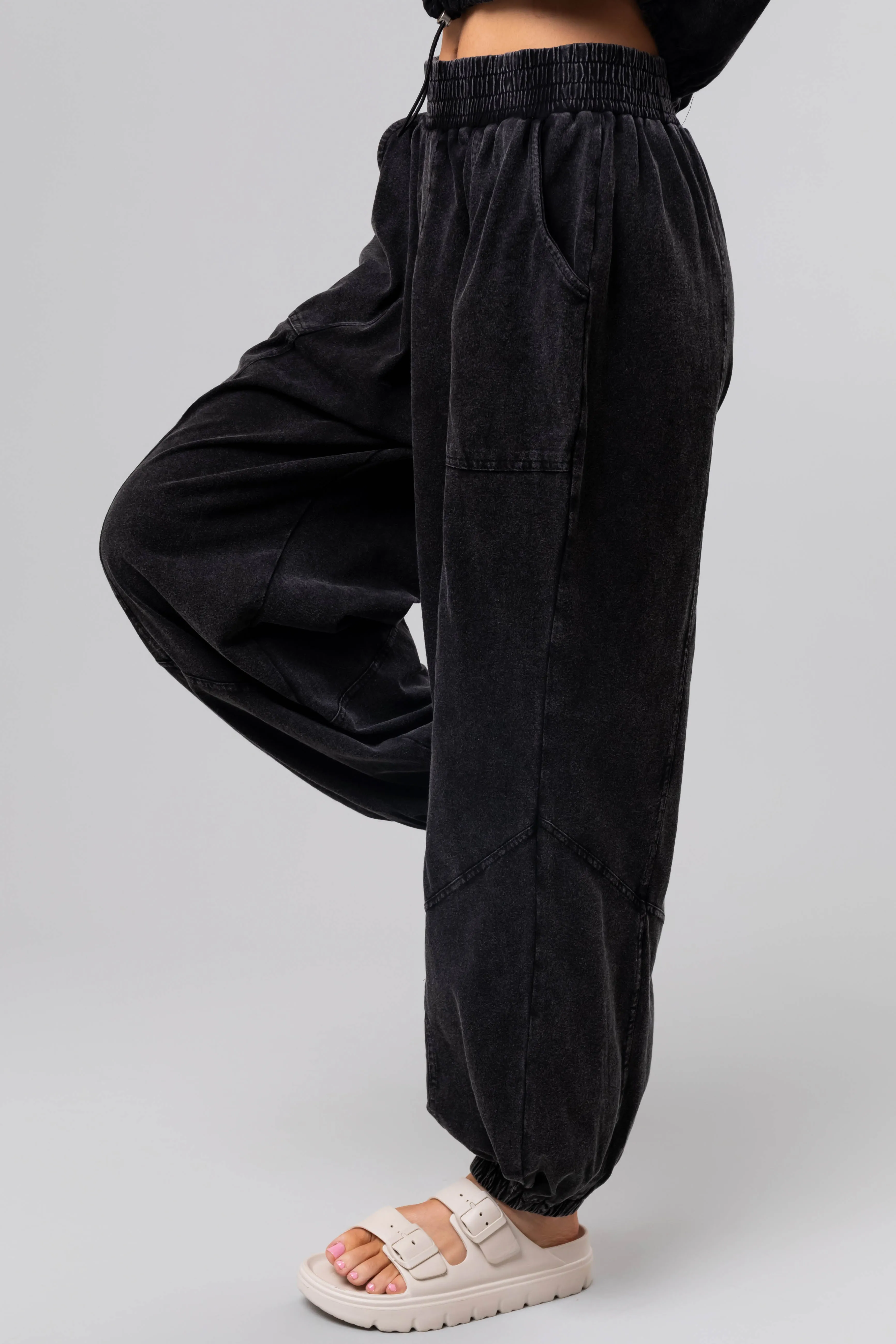 Black Mineral Wash Elastic Joggers