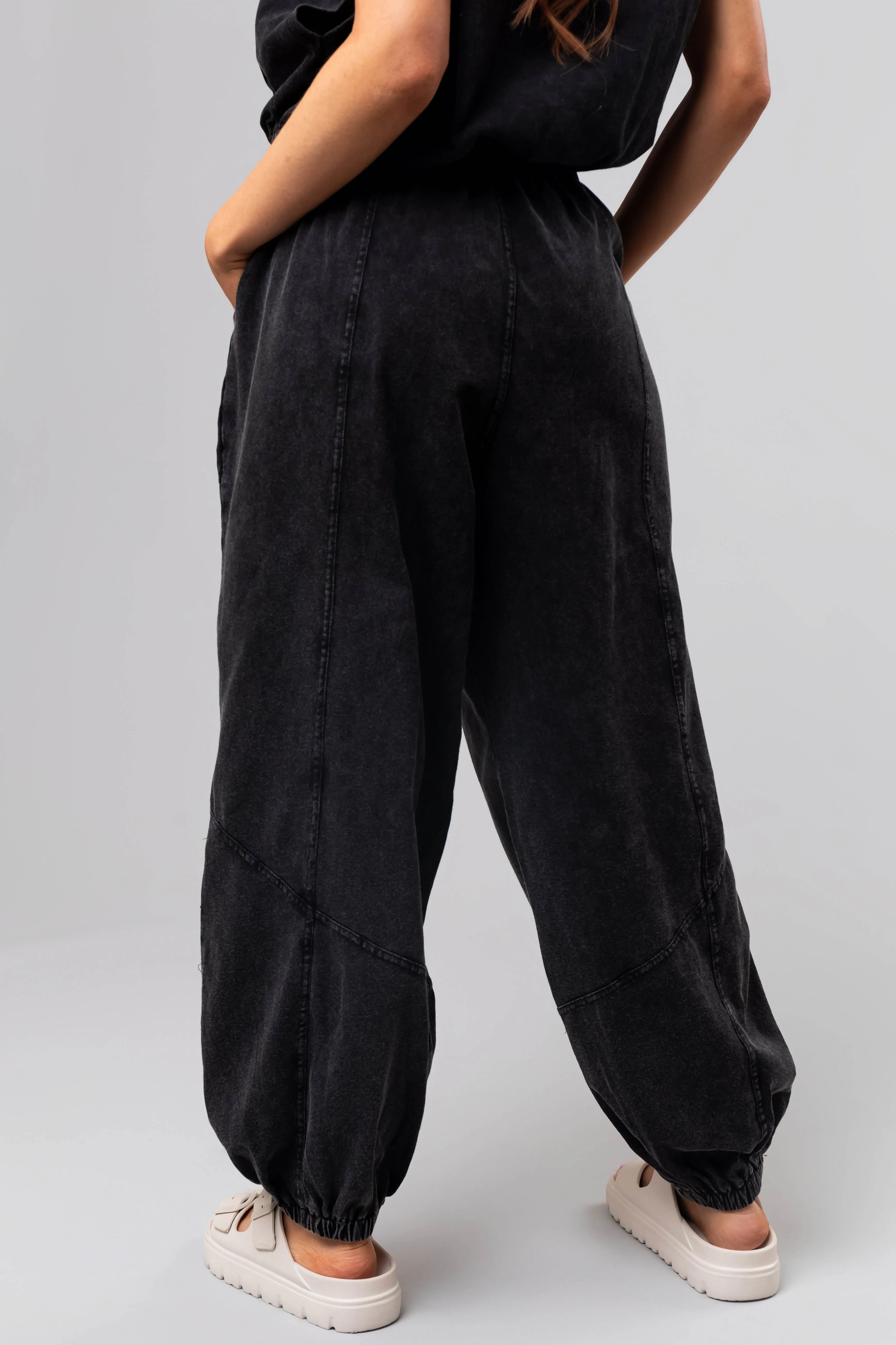 Black Mineral Wash Elastic Joggers