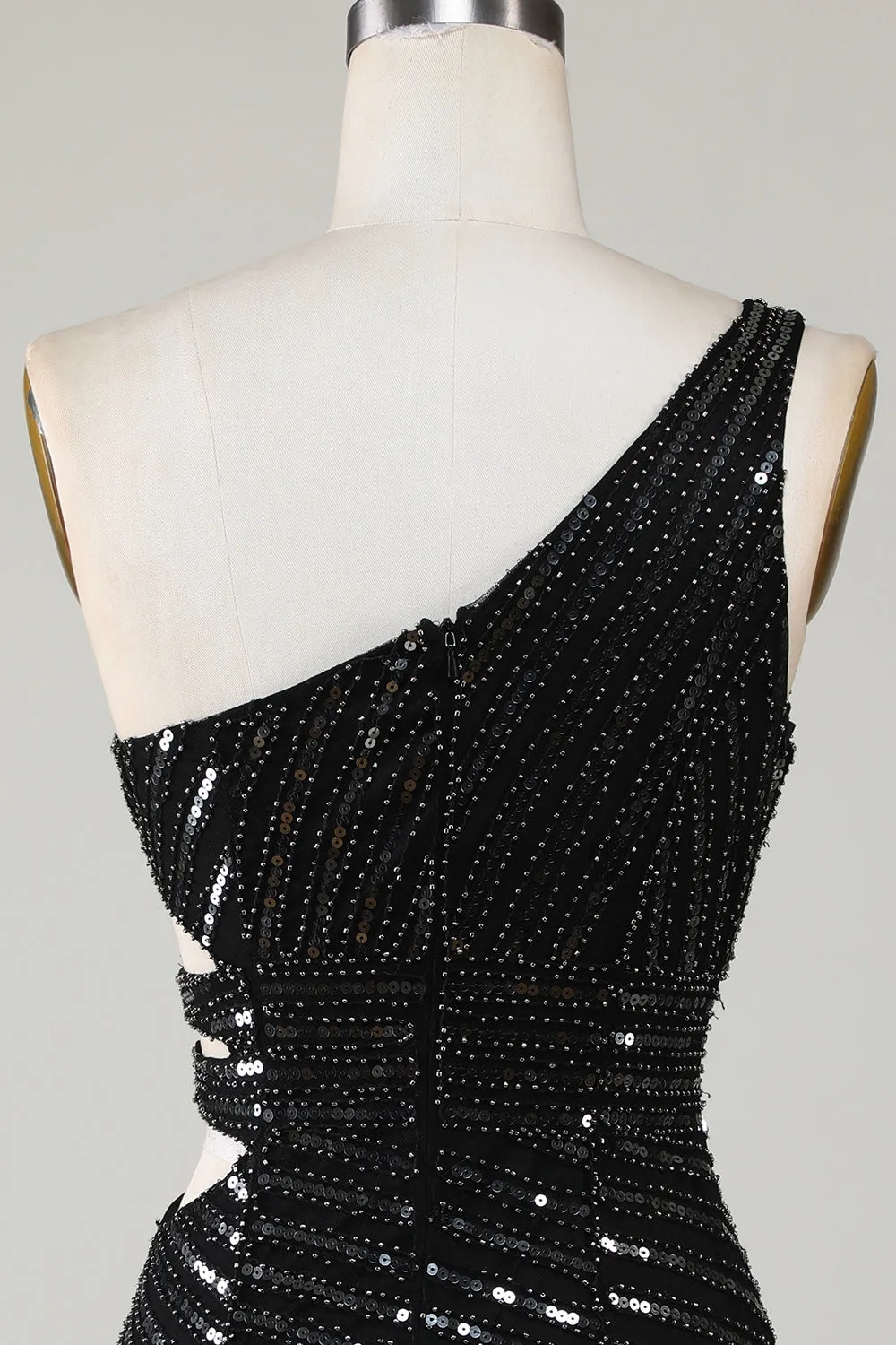 Black One-Shoulder Sparkly Sequin Bodycon Homecoming Dress with Cut-Out