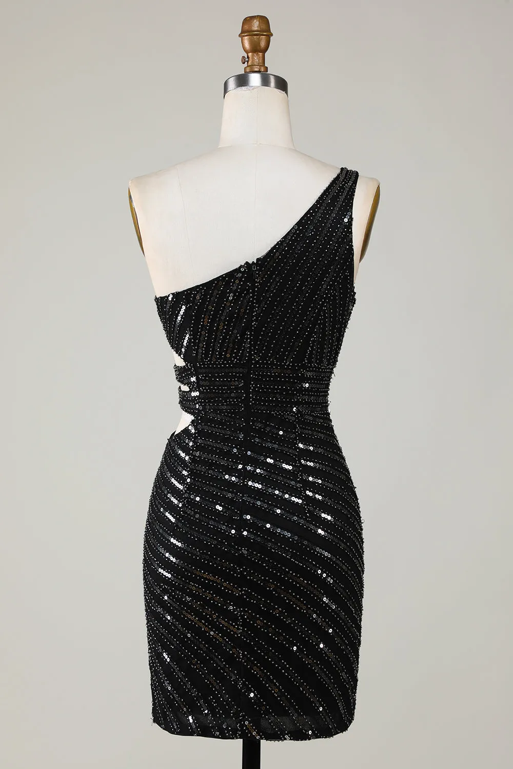 Black One-Shoulder Sparkly Sequin Bodycon Homecoming Dress with Cut-Out