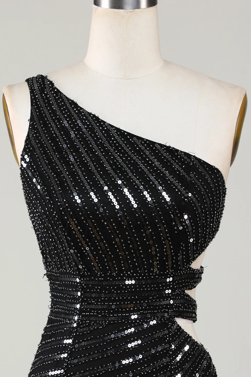 Black One-Shoulder Sparkly Sequin Bodycon Homecoming Dress with Cut-Out