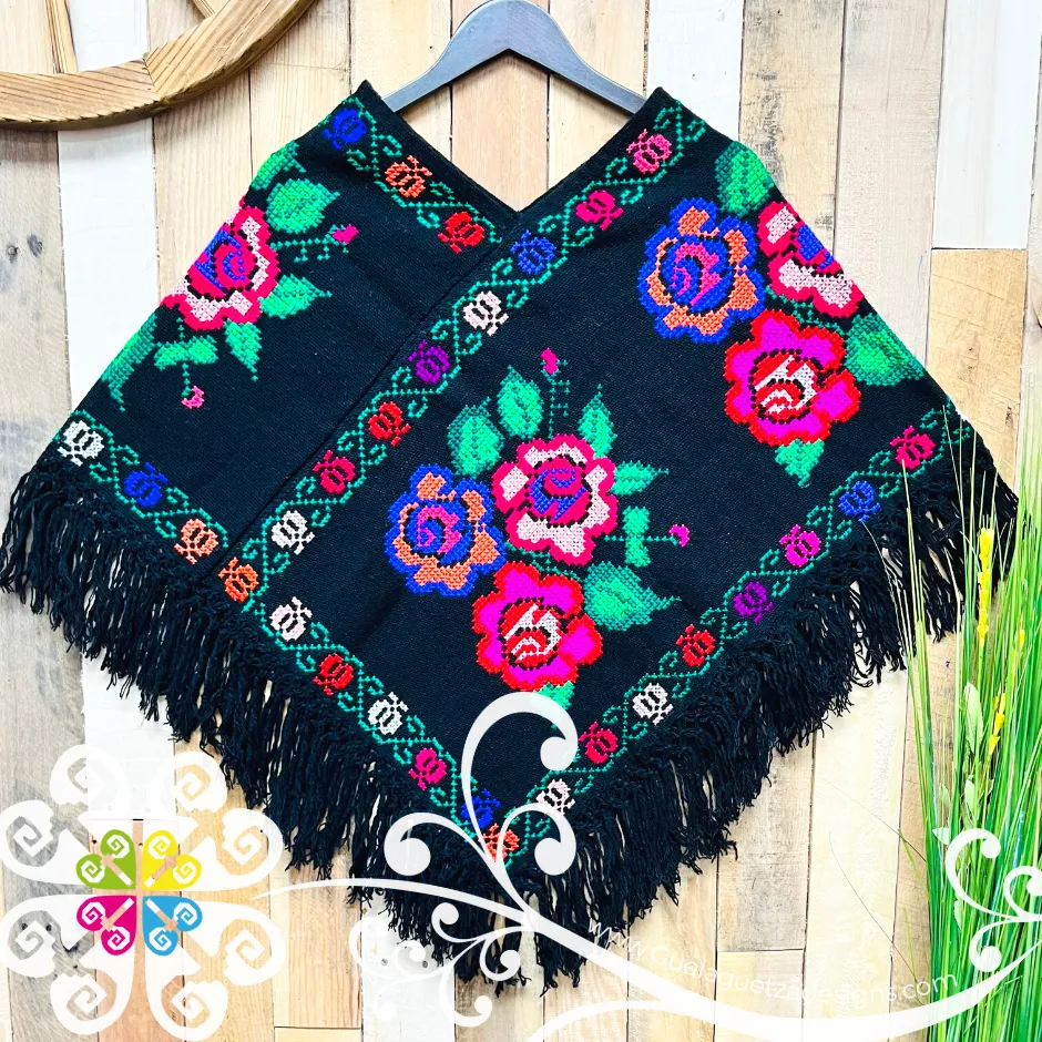 Black Roses Design Embroider Poncho - Mañanita