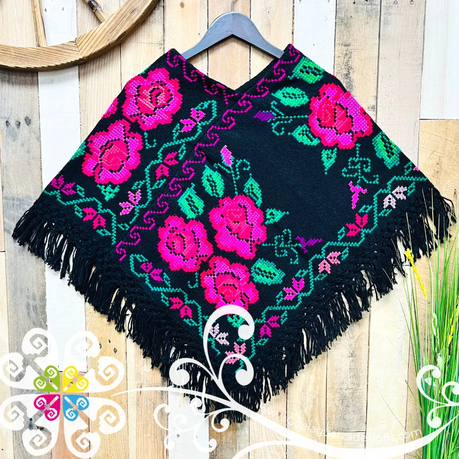 Black Roses Design Embroider Poncho - Mañanita