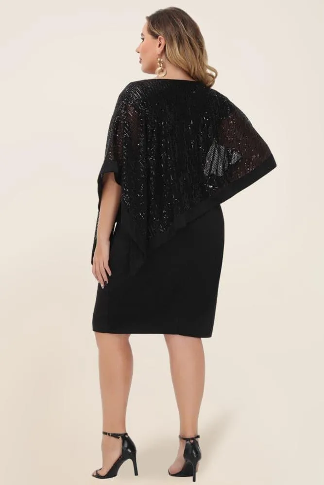 Black Sequined Capelet Decorated Scoop Neck Bodycon Dress