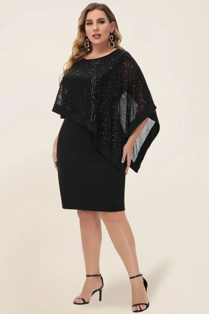 Black Sequined Capelet Decorated Scoop Neck Bodycon Dress