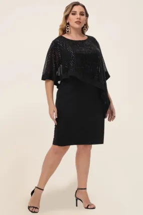 Black Sequined Capelet Decorated Scoop Neck Bodycon Dress