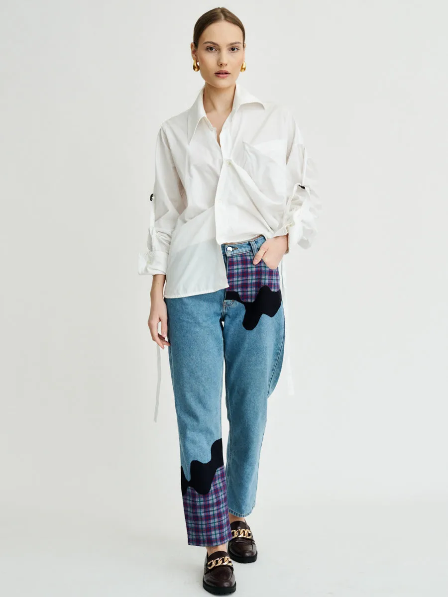 Bobby Melt Plaid High Waisted Organic Mom Fit Patchwork Jeans