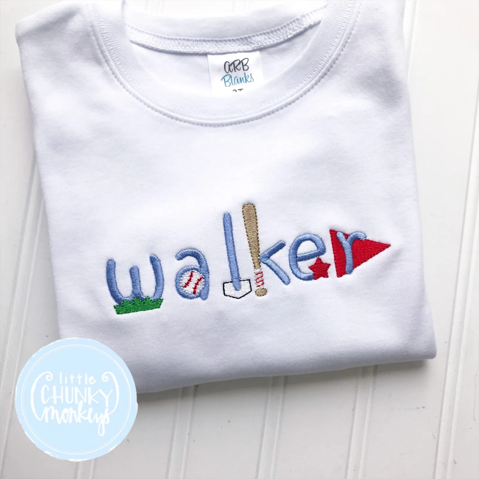 Boy Shirt - Name with Baseball items on White Shirt